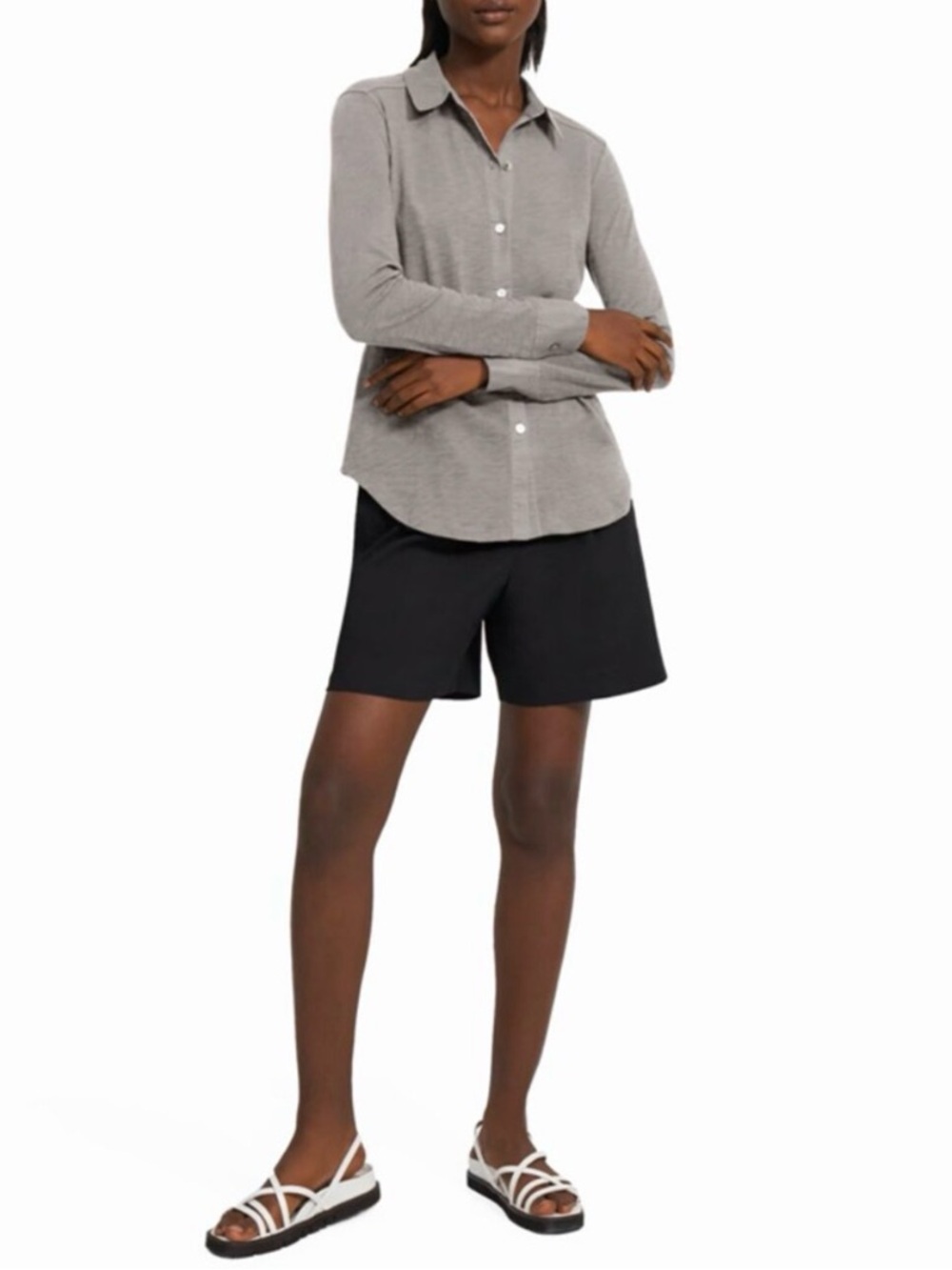 Theory Women’s Riduro R Sea Slub Cotton Long-Sleeve Button Down Large Grey